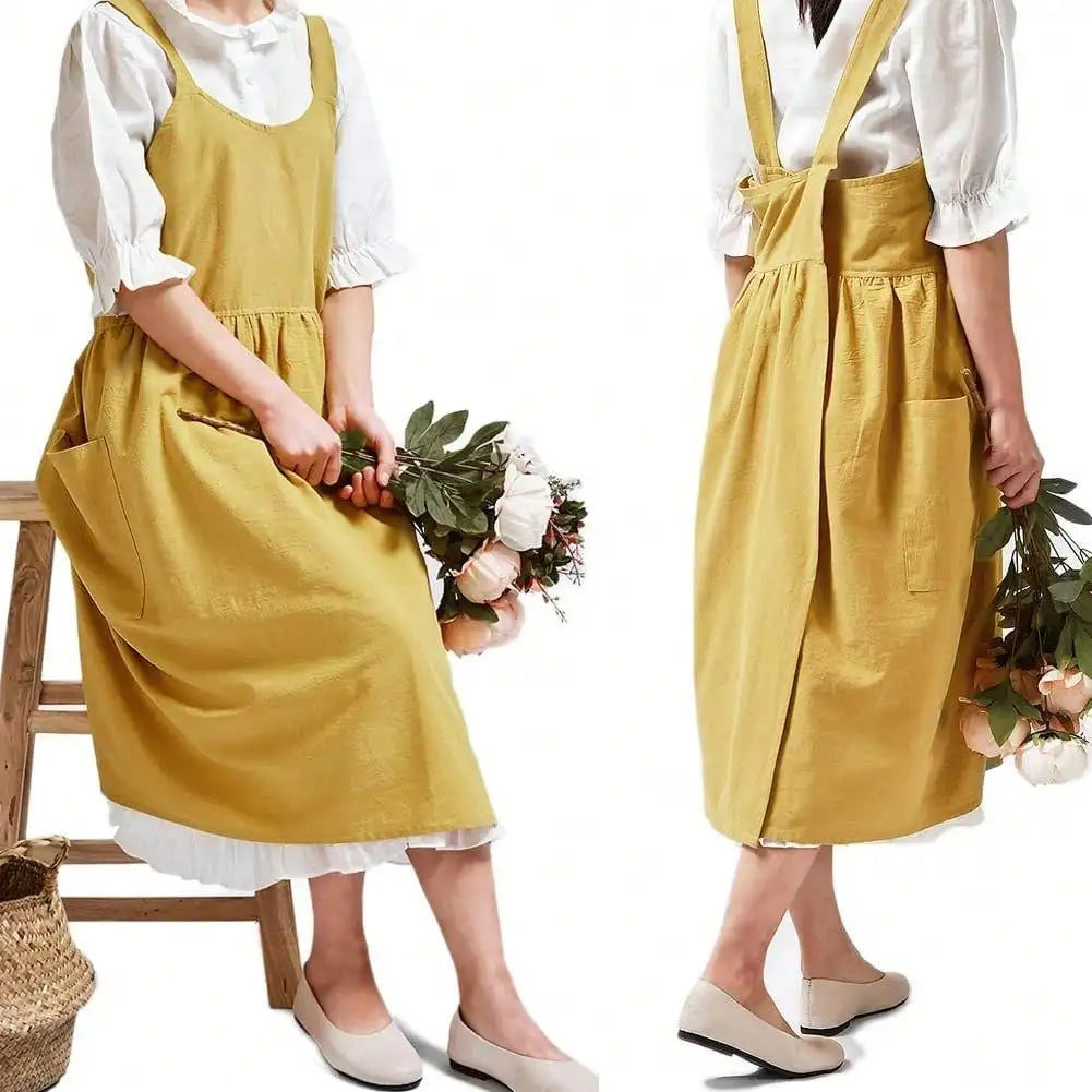 Japanese cotton Aprons for Women with Pockets Cross Back Cute Apron Dress for Gardening Painting Baking and Cooking