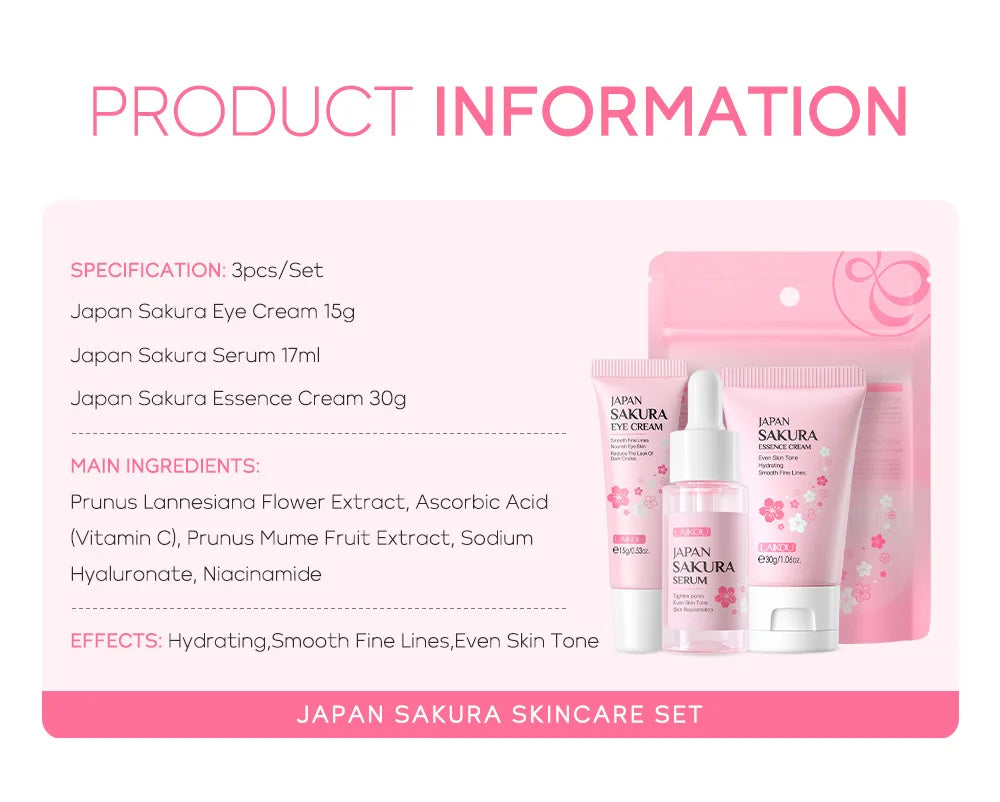 LAIKOU Sakura Skin Care Sets Facial Cleanser Face Cream Serum Toner Moisturizing Brightening Anti Wrinkles Skin Care Kit