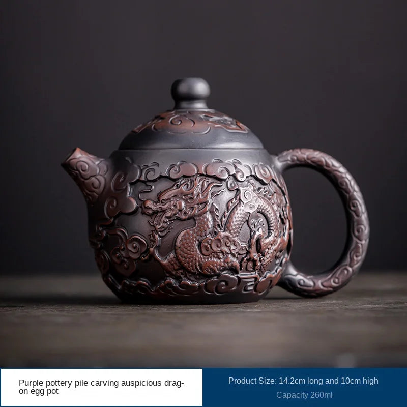Suitable for collectionPurple Pottery Teapot Handmade Pile Carving Xianglong Pot Kung Fu Tea Set Purple Clay Pot Handmade