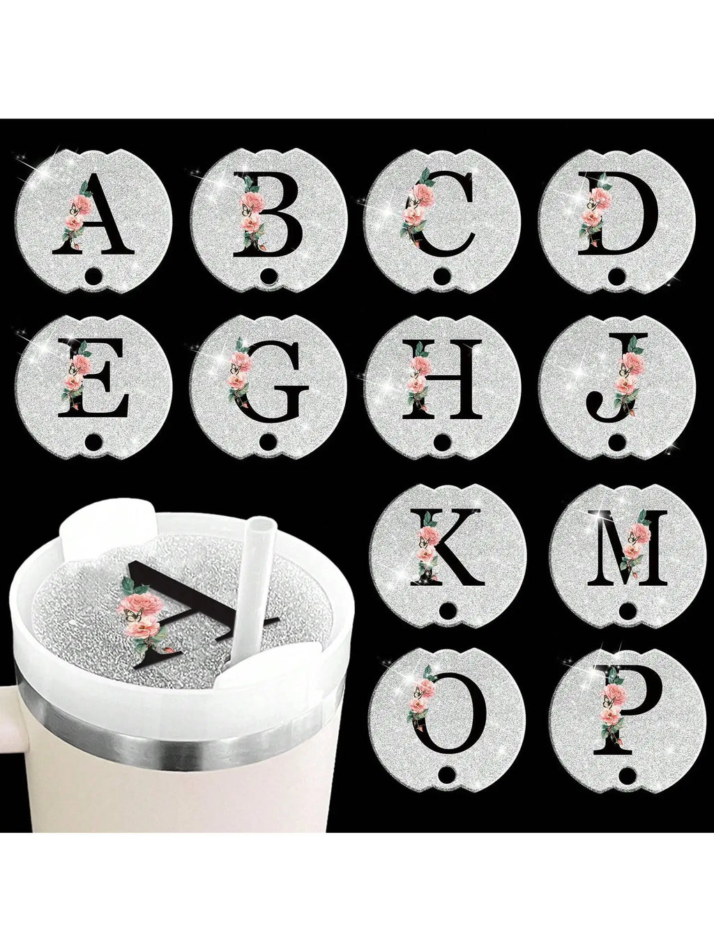 Tumblers Name Plates for Stanley Tumblers 40 oz Cup Lid H2.0,Cup Lid Topper Round Acrylic Name ID Plate Glitter silvery ﻿