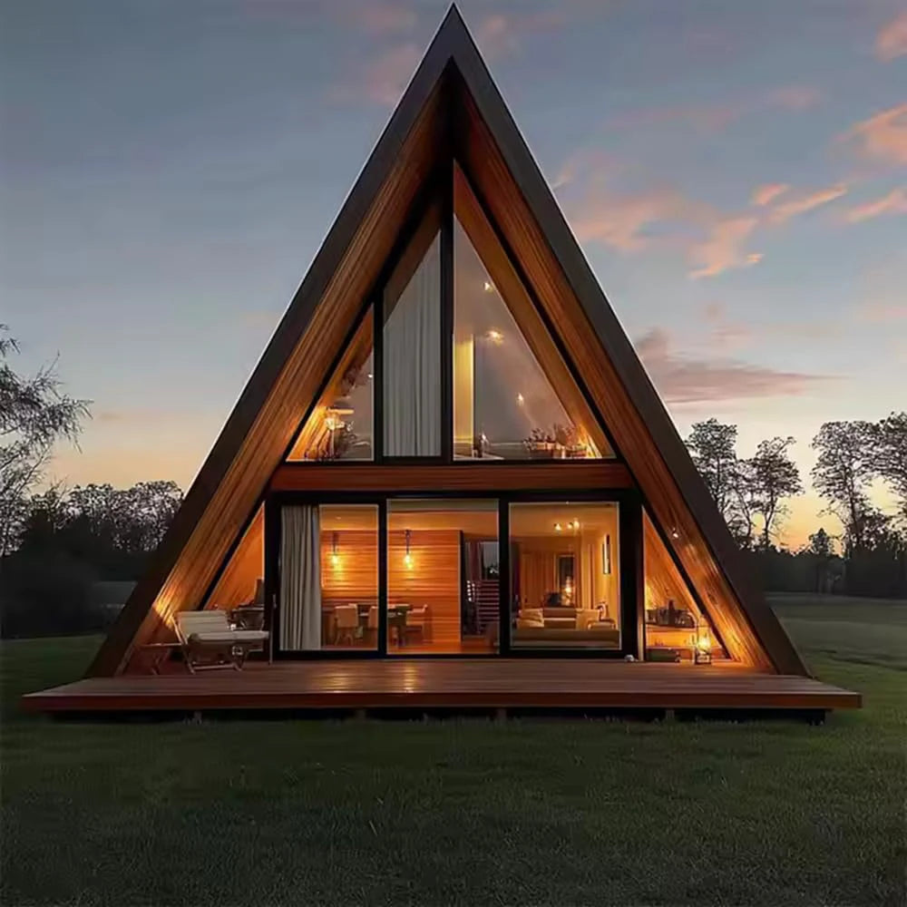 2-Story A-Frame Modern Movable Wood Cabin Prefab Triangle Tiny House for Forest B&B & Glamping Resort Customized