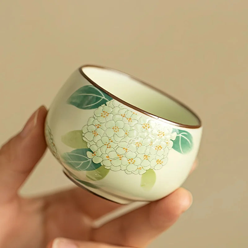 Hand-Painted Hydrangea Teacups Ceramic Master Cup Chinese Kung Fu Gongfu Tea Cup Household Ru Kiln Tasting Teaware Tea Ceremony