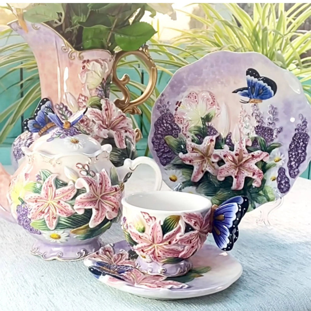 European Style Ceramic Coffee Pot, Hand-painted Butterfly Orchid Teapot, Tea Cup Set, Exquisite Creative Gift, Cafe Accessories