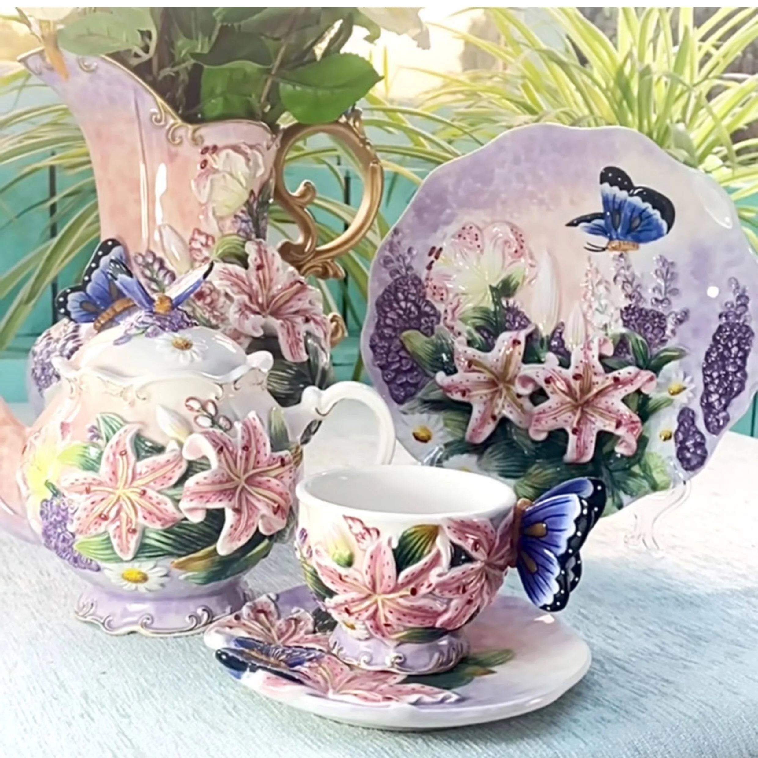 European Style Ceramic Coffee Pot, Hand-painted Butterfly Orchid Teapot, Tea Cup Set, Exquisite Creative Gift, Cafe Accessories