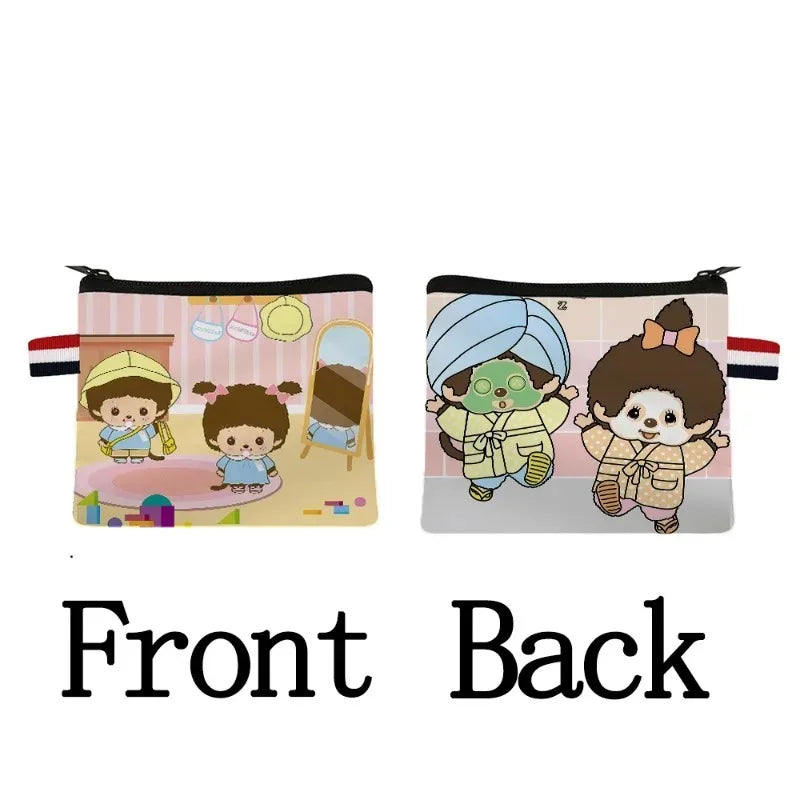 Monchhichi Coin Purse Zipper Storage Bag Cute Cartoon Printed Square Pack Portable Key Handbag Wallet Card Holder Money Purses