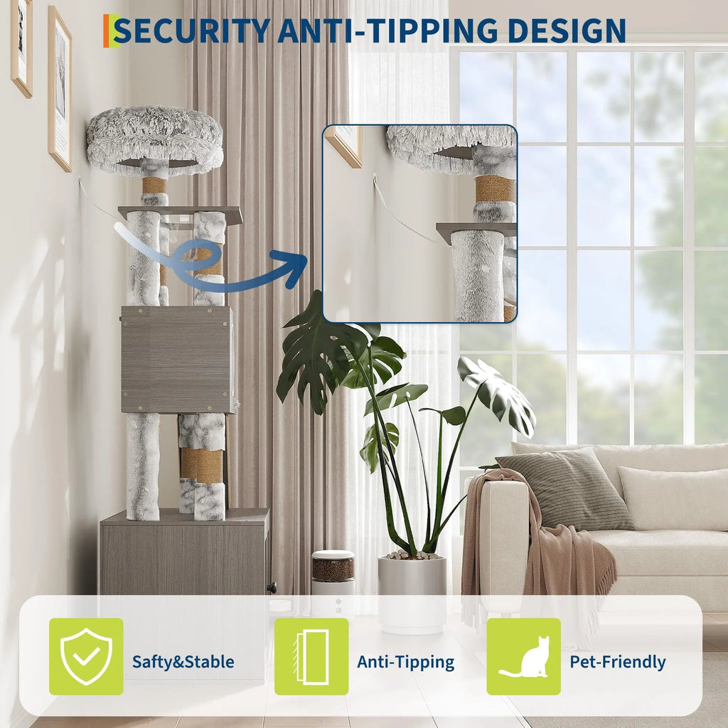 Cat Tree Tower with Litter Box Enclosure, Multi-Level Cat Furniture Featuring Hammock and Washable Cushions, Indoor Cat Tower