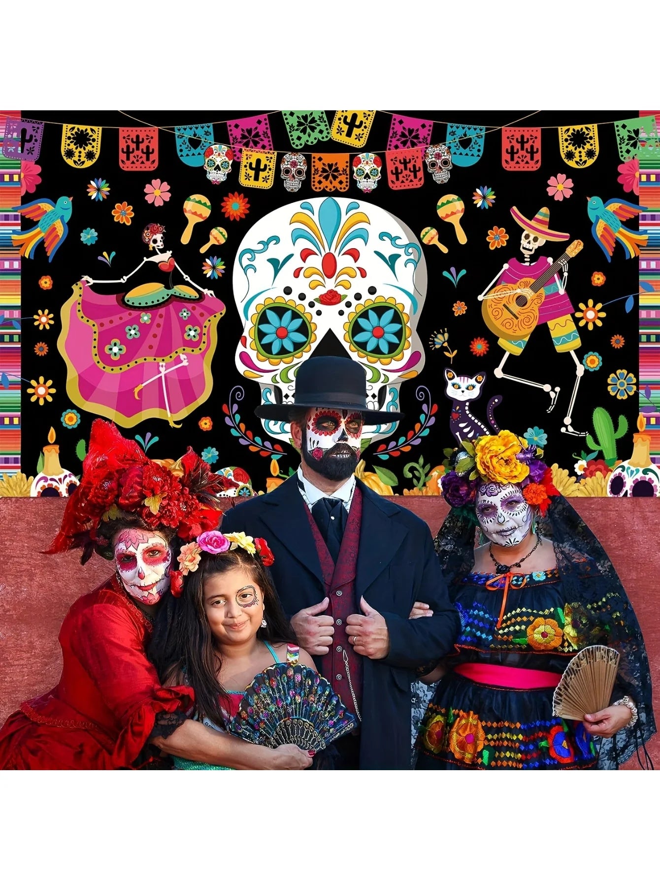 1PC Large Day of the Dead Background Banner Decoration, Halloween Banner Mexican Skull Banner, Horror Party Decoration Backgroun