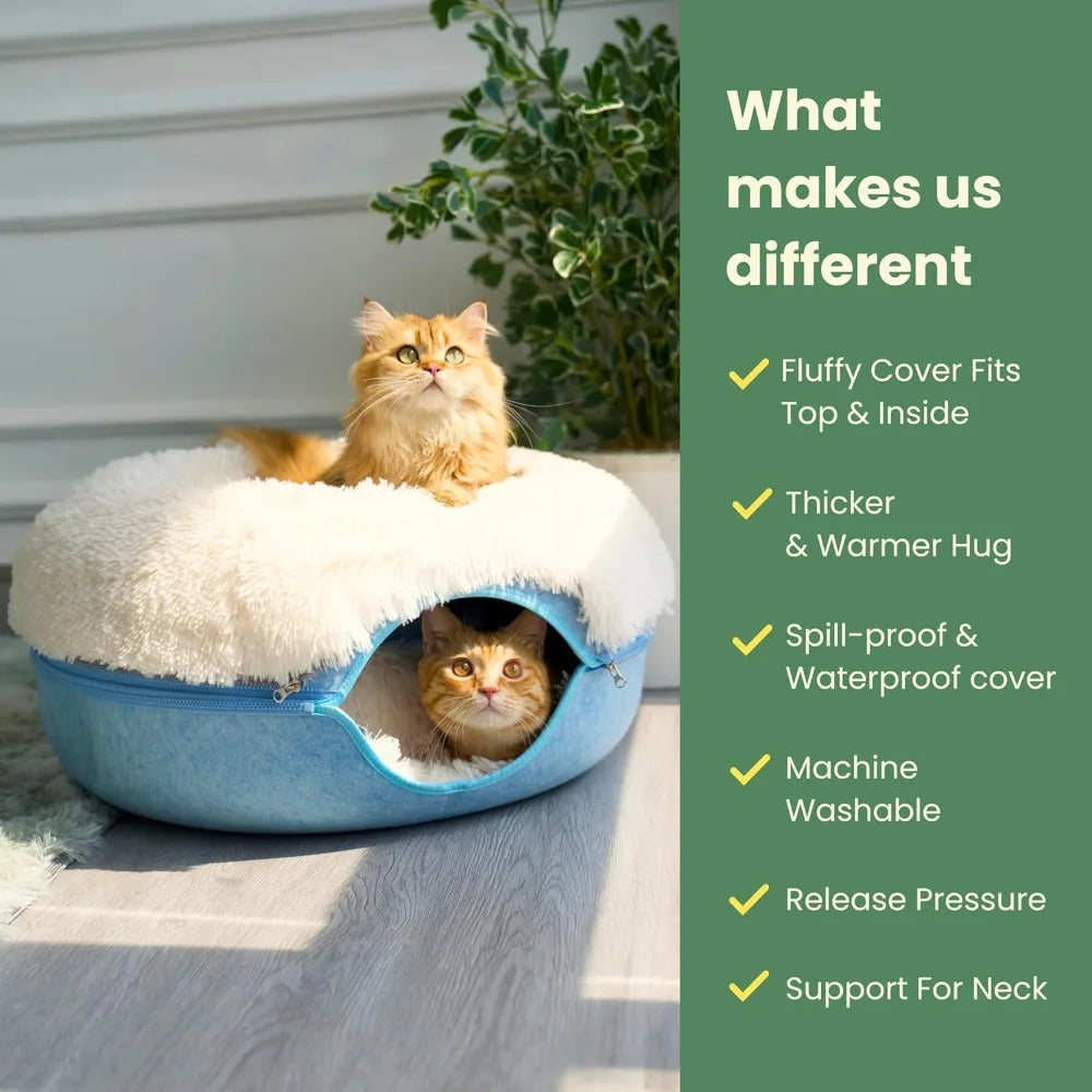 CATTASAURUS Peekaboo Cat Cave for Multiple & Large Cats Up to 30-45 Lbs, Fluffy Cat Beds for Indoor Cats, Scratch Detachable & W