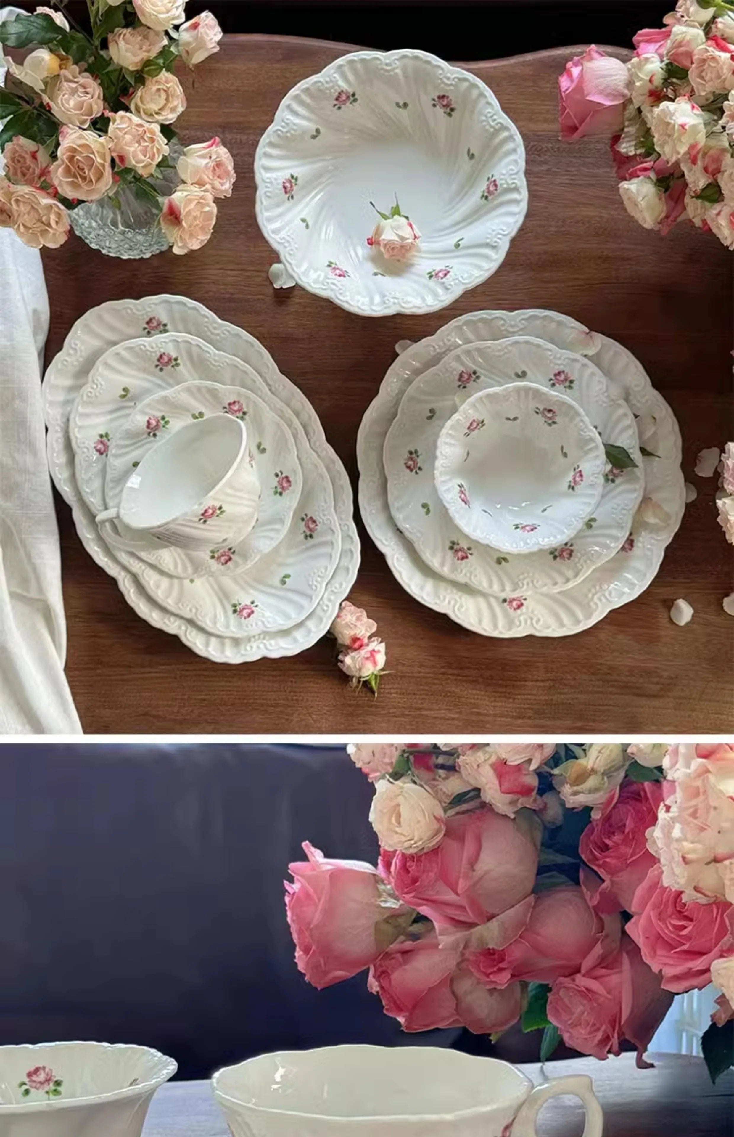 Ceramic Plate Set Coffee Cup Saucer Beautiful Tableware Vintage Rose Dessert Plate Dinner Dishes Gift Tea Cup Kitchen Supplies