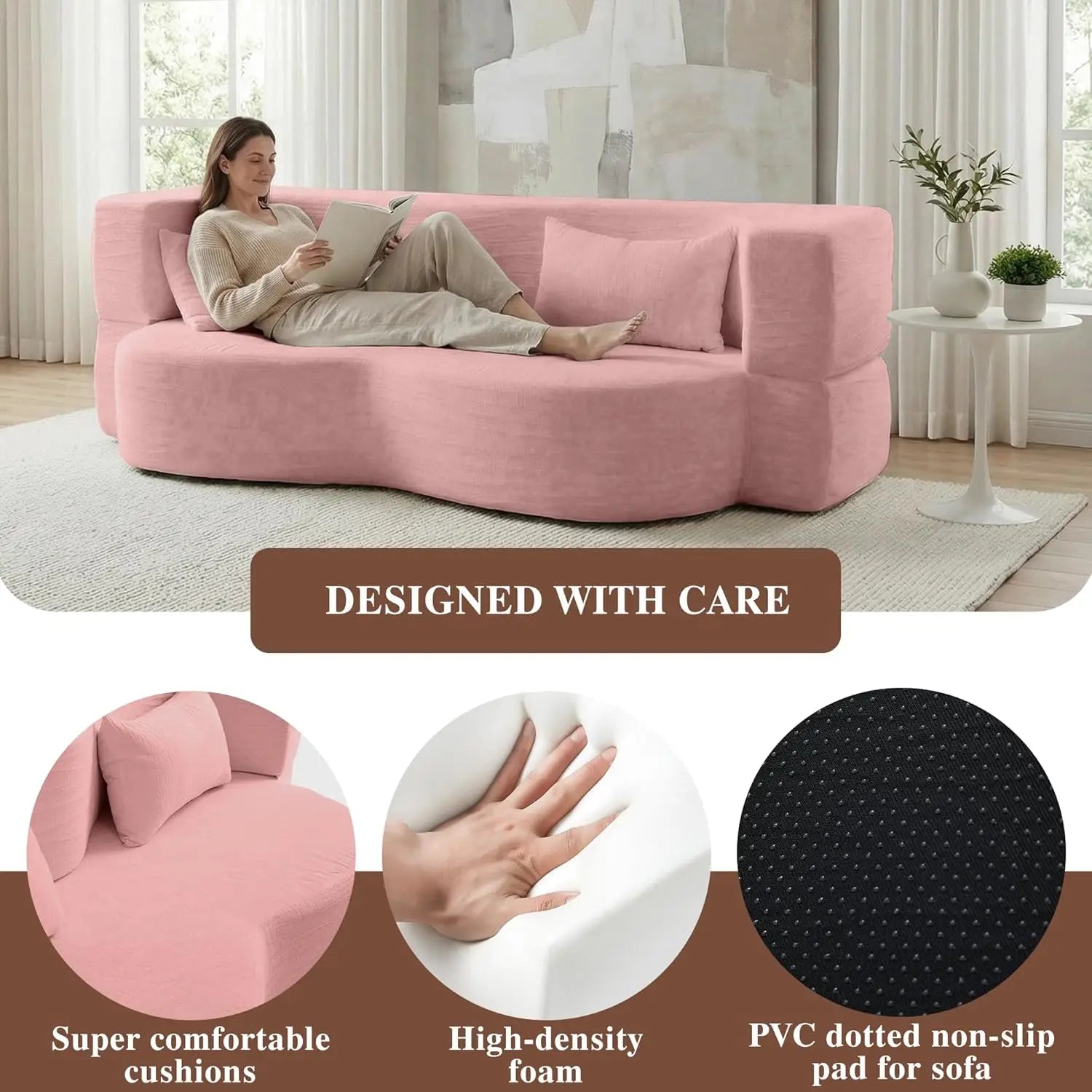 Convertible Sofa Bed, 78'' Queen Size Folding Sleeper Sofa with Pillow, 2-in-1 Teddy Fabric Boneless Loveseat Floor, Customized