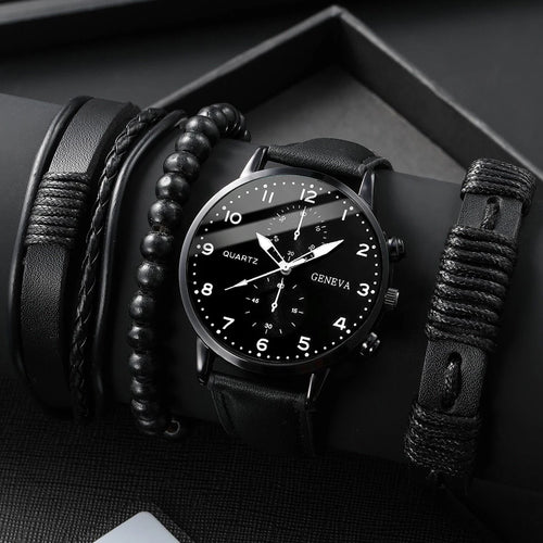 4/5PCS Fashion Men's Watches Man Business Quartz Wristwatch Vintage Leather Bracelets Set Reloj Hombre（Without Box）