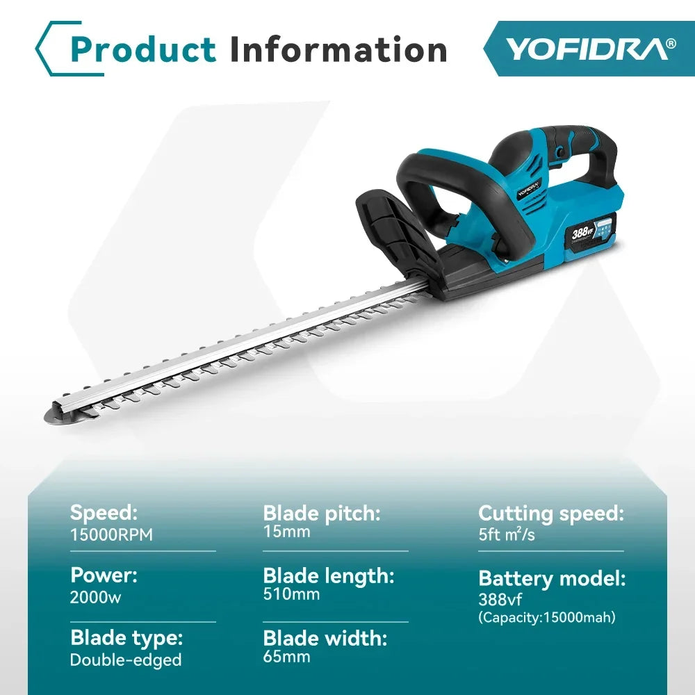 YOFIDRA 2000W Electric Hedge Trimmer 15000RPM Lawn Mower Garden Landscaping Hedge Pruner Trimmer Tool For Makita 18V Battery Pin