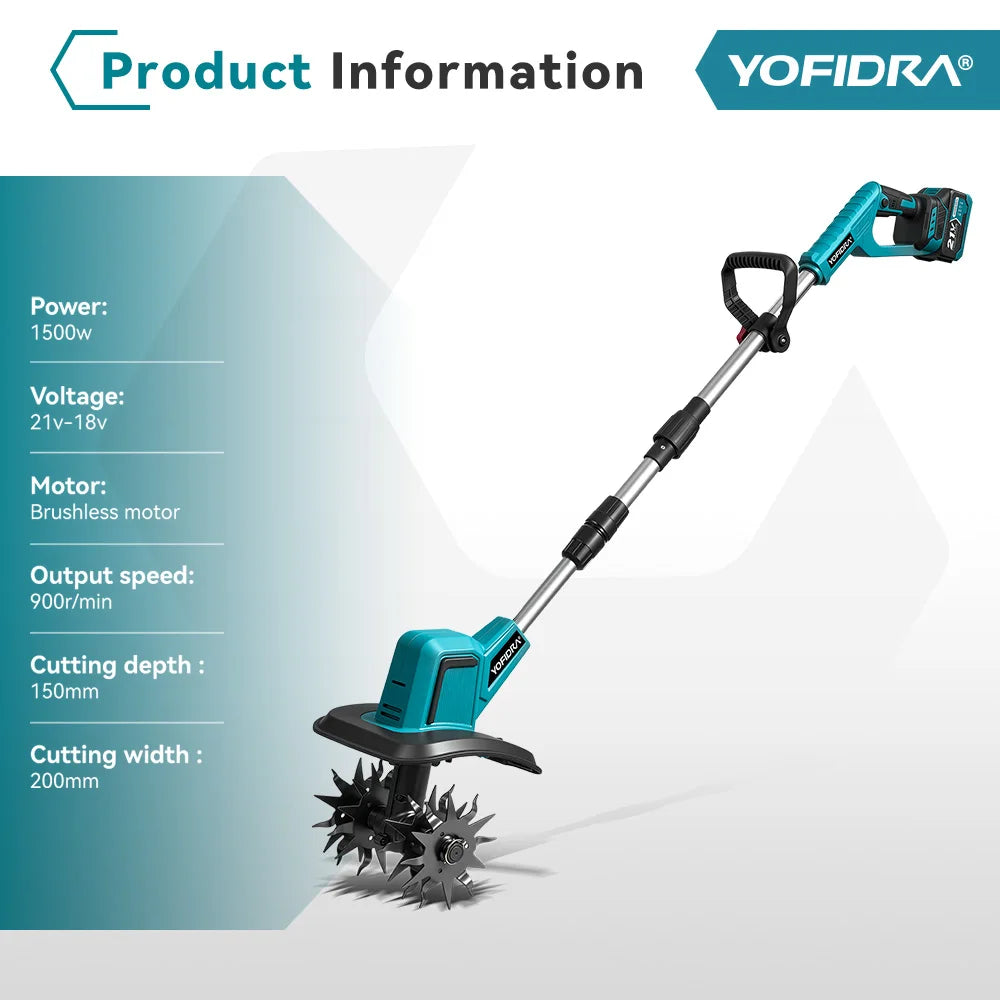 YOFIDRA Brushless Electric Garden Tiller Lawn Mower Rototiller For Soil Cultivation Garden Power Tool For Makita 21V Battery Pin