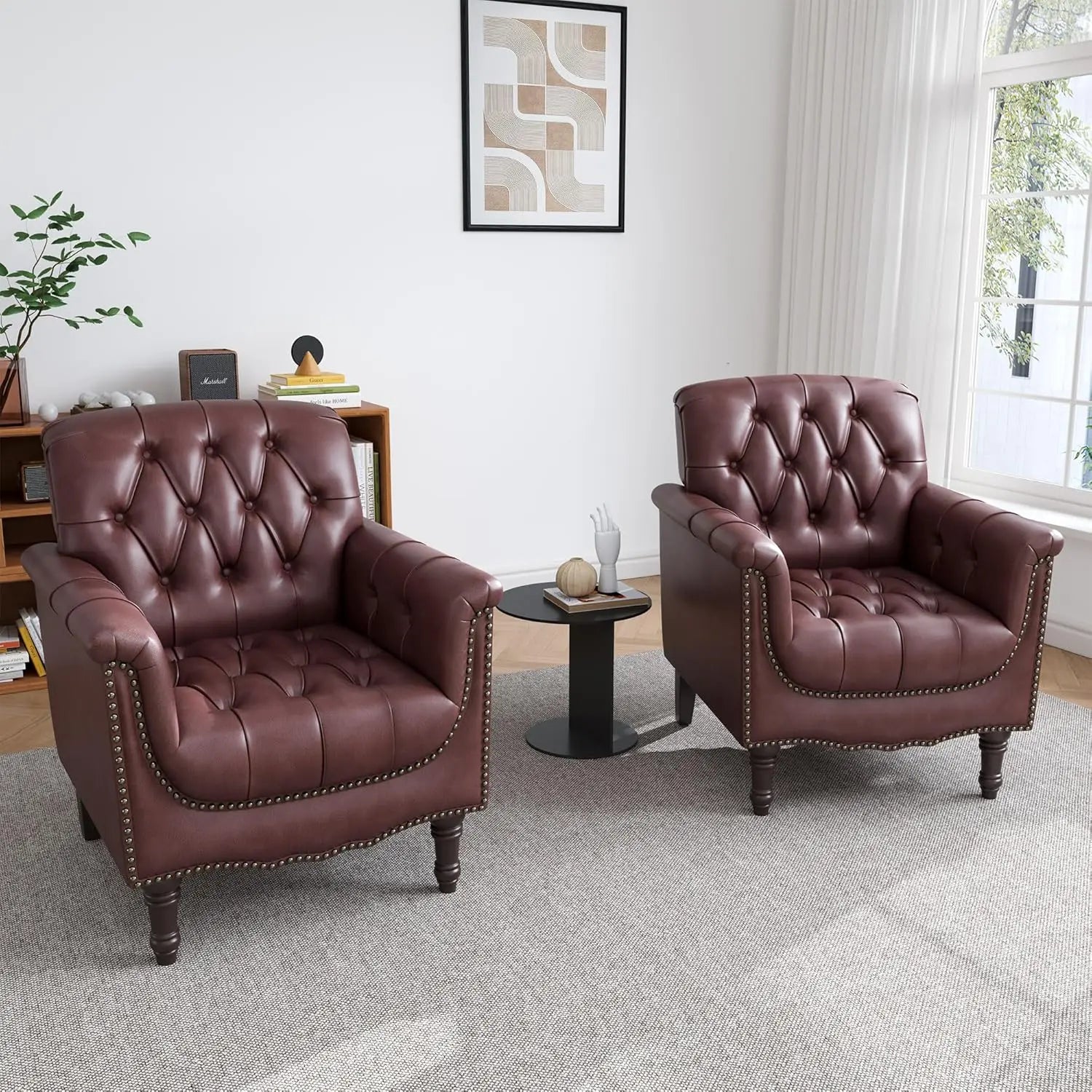 Faux Leather Accent Chairs Set of 2, Comfy Club Chair Upholstered Armchair for Living Room, Button Tufted Arm Chair, Customized