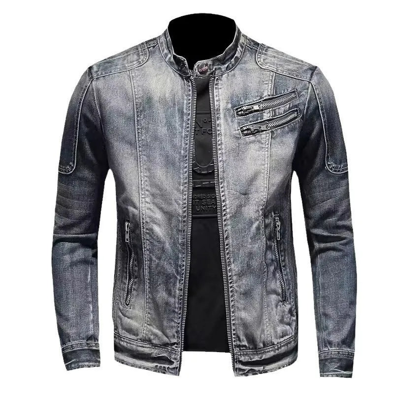 Denim Jackets Men Casual Stand Collar Moto Biker Outerwear Coats Mens Fashion Zippers Motorcycle Streetwear Jacket Male Clothes