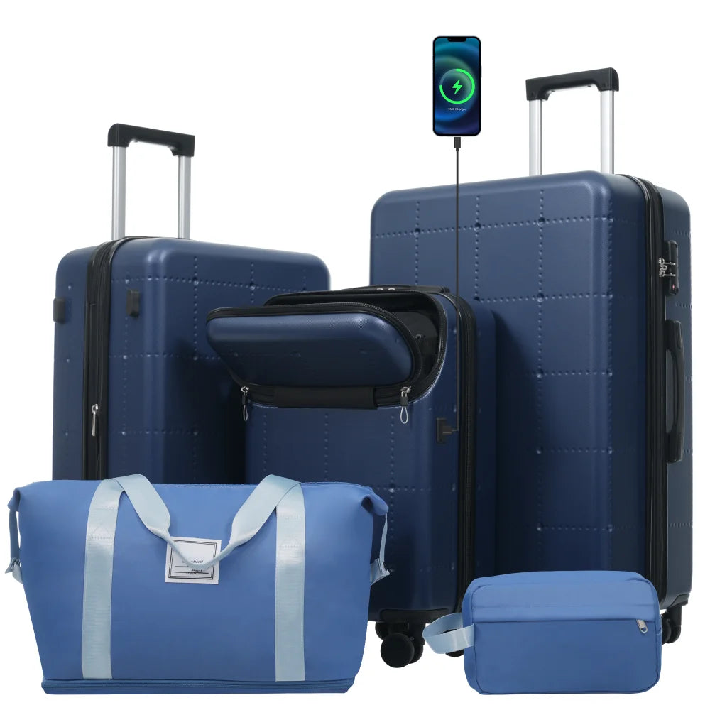 Hardside 5PCS Luggage Set with Bags 20" Half-opening Carry on With USB Port Expandable 24" 28" Double Spinner Wheels TSA Lock
