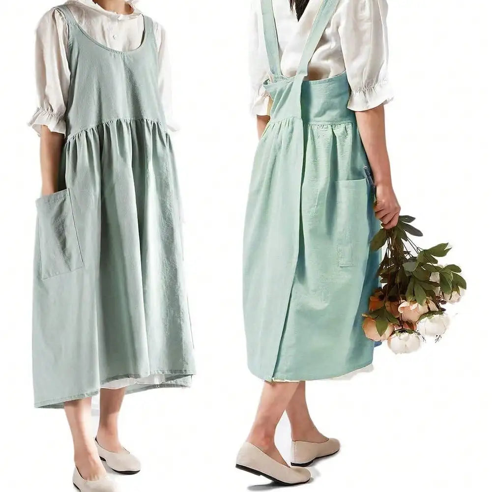 Japanese cotton Aprons for Women with Pockets Cross Back Cute Apron Dress for Gardening Painting Baking and Cooking