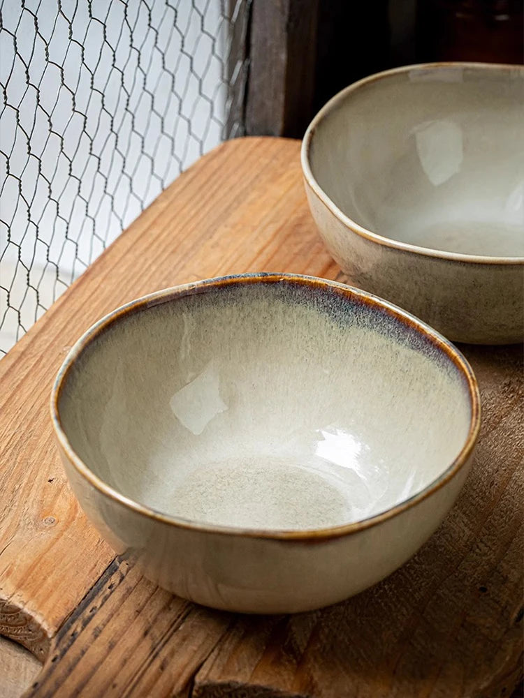 YWDL 500ml Vintage Ceramic Salad Bowl Heat-resistant Rice Soup Bowl Irregular Edges Kitchen Noodle Bowl Microwave Safe 5.5inch