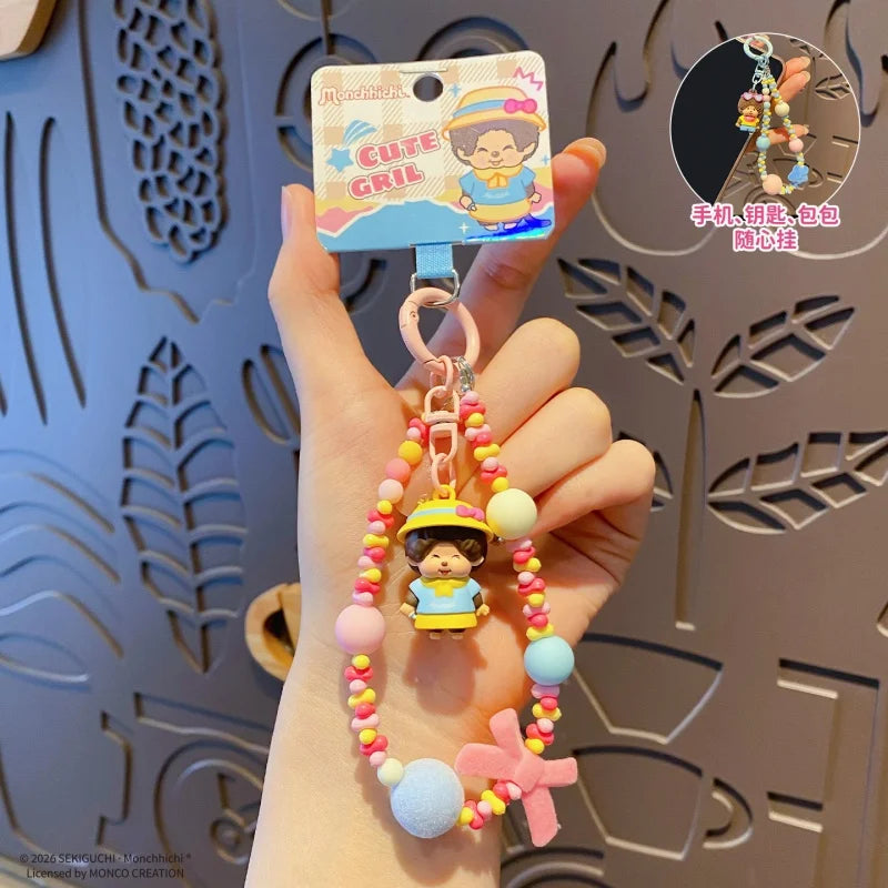 Genuine Monchhichi Flocked Beaded Keychain, Cute Cartoon Mini Monchhichi Figurine Charm, Women’s Bag  Phone Strap