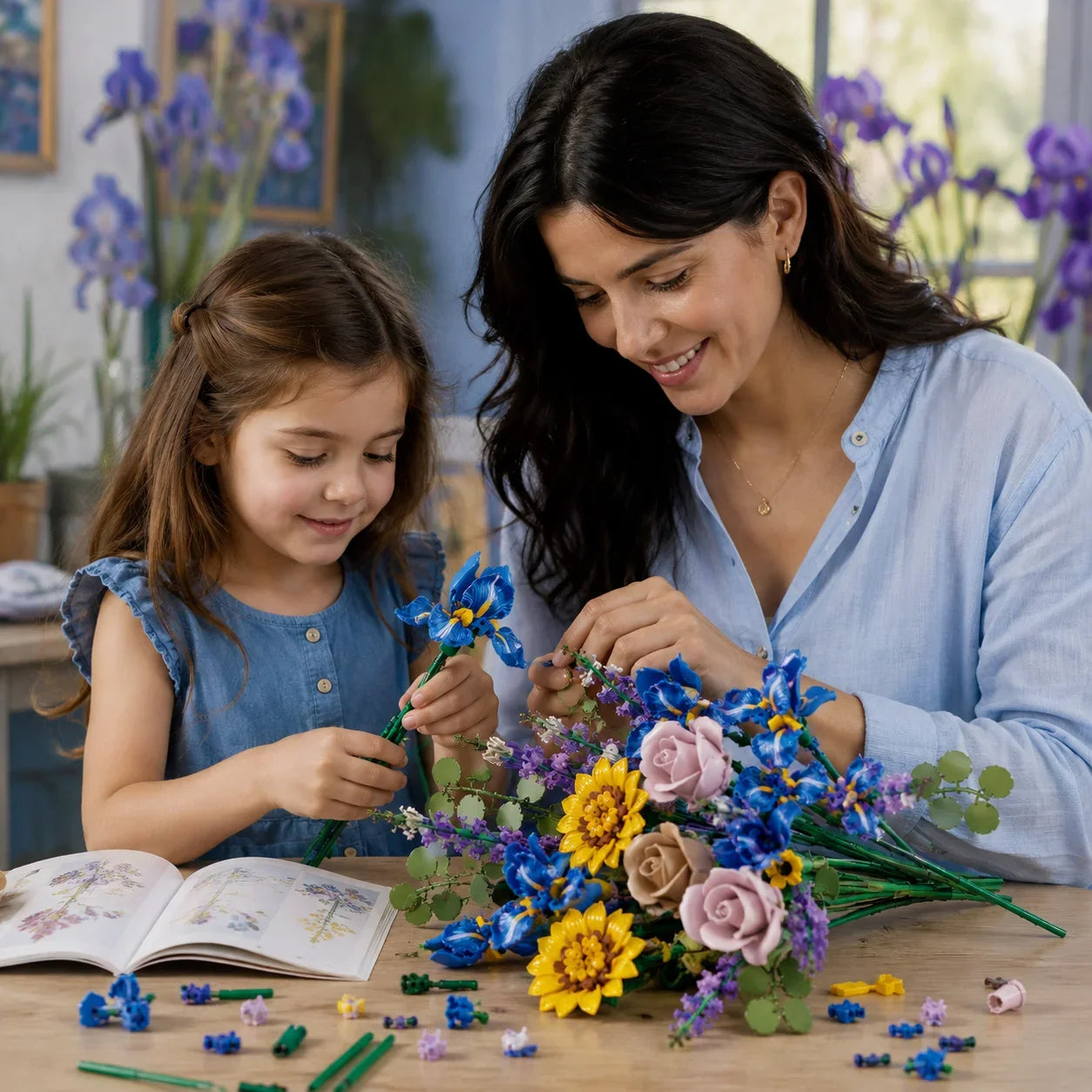 866pcs Botanical Flower Bouquet Set, Blue Iris Rose Plant Building Blocks, 3D Creative Desktop Decoration, Valentine Gift