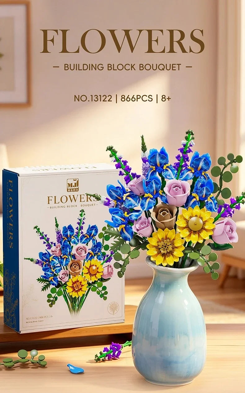 866pcs Botanical Flower Bouquet Set, Blue Iris Rose Plant Building Blocks, 3D Creative Desktop Decoration, Valentine Gift