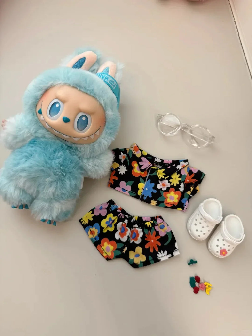 Labubu Clothing Labubu Beach Shirt With Hole slippers and Straw hat Labubu Summer Outfit