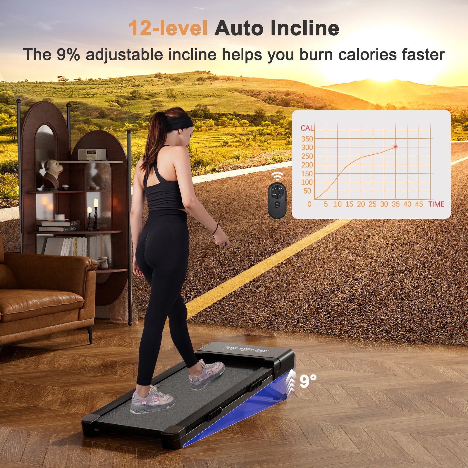 3.0HP Raceable Walking Pad Under Desk Treadmill with 9% Incline Adjustable Speed 1-6KM/H LCD Screen Display 136KG Load For Home
