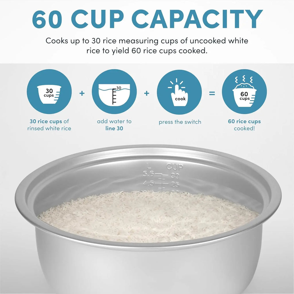 Large 60-Cup Commercial Rice Cooker with Automatic Keep Warm, Easy Cleaning