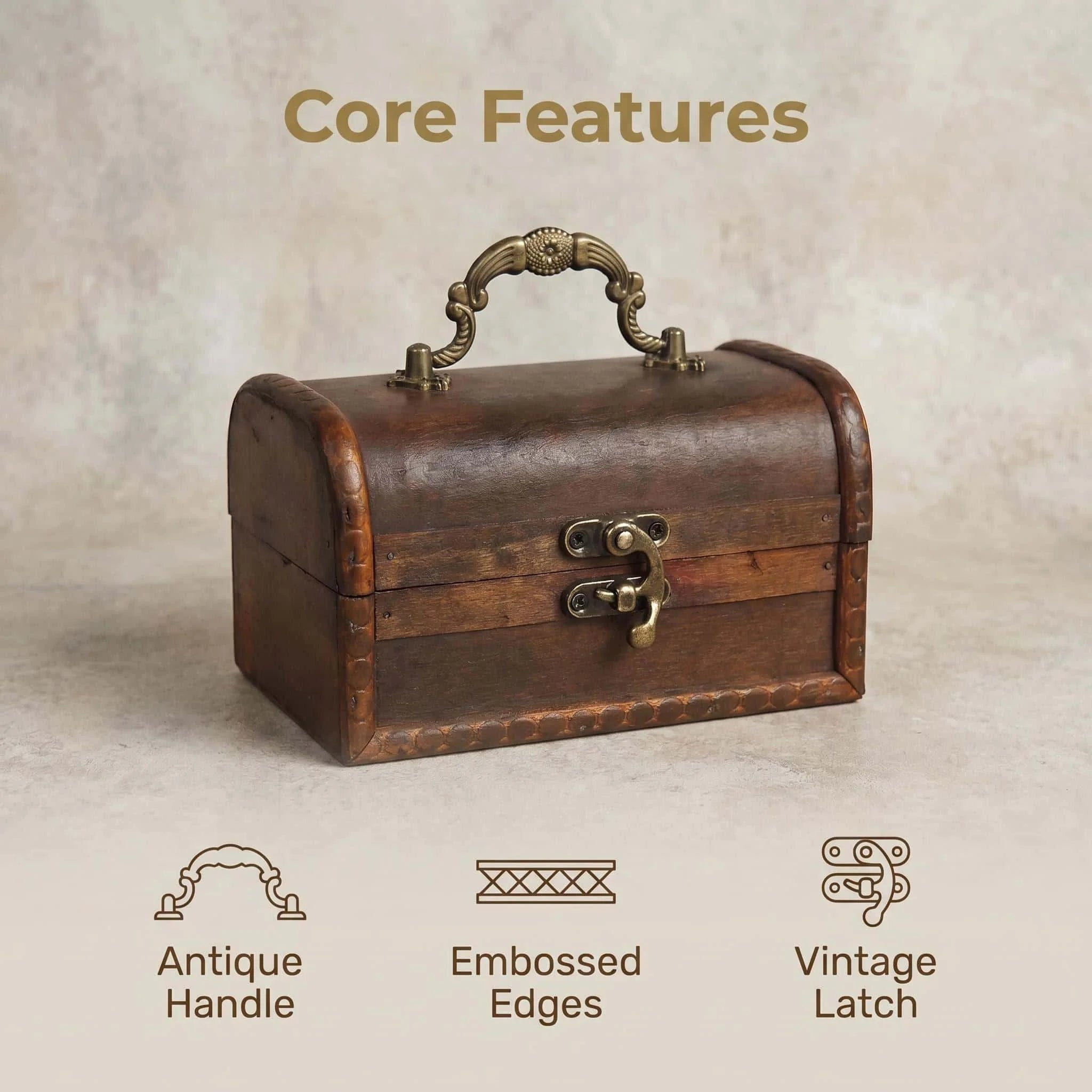 Vintage Wooden Storage Box with Carved Handle, Retro Treasure Chest for Jewelry Organizing & Antique Home Decor