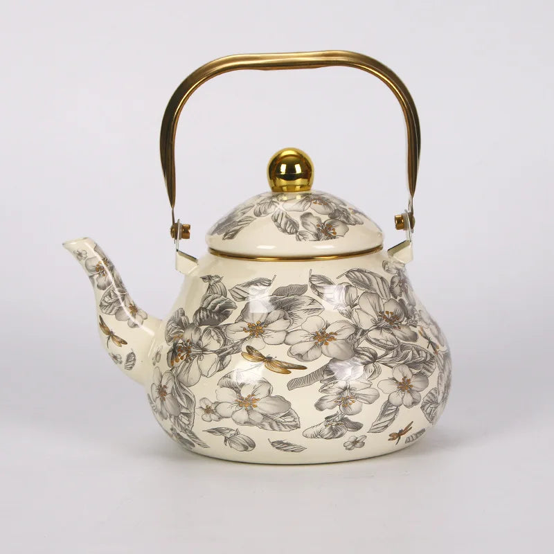 1.5L Vintage Enamelware Kettle Classic Enamel Teapot with Golden Handle for Stovetop Use Kitchen Decor Gift for Tea Lovers