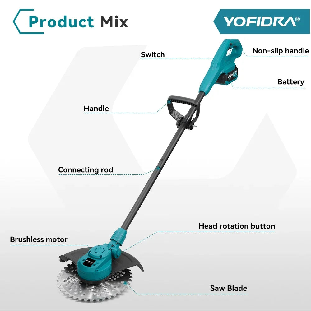 YOFIDRA 10Inch 6000W Brushless Electric Lawn Mower 58000RPM Garden Foldable Grass Trimmer Garden Tool For Makita 18V Battery Pin