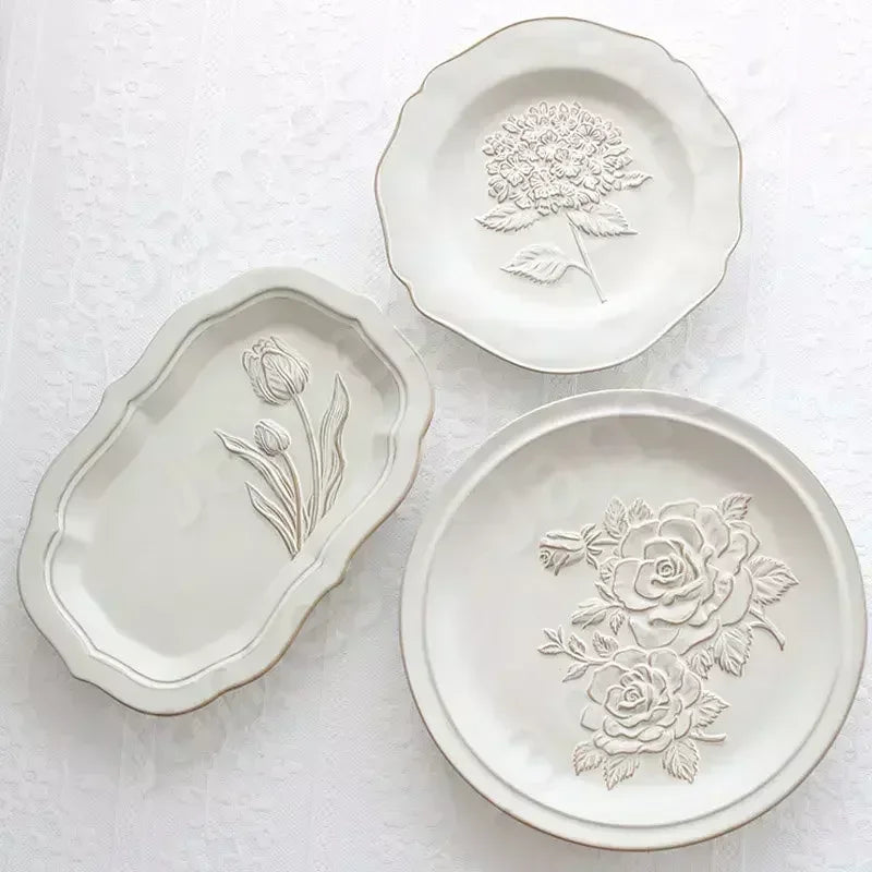 Ceramic Plates Vintage Style Dinner Plate Tulip Relief Ceramic Plates Steak Pasta Dishes Tableware Household Use Tableware Home