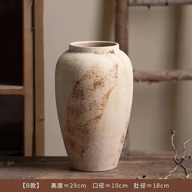 Mottled Retro New Chinese Pottery Vase Wabi-Sabi Style Decoration Entrance Flower Arrangement Hydroponic Ceramic Vase