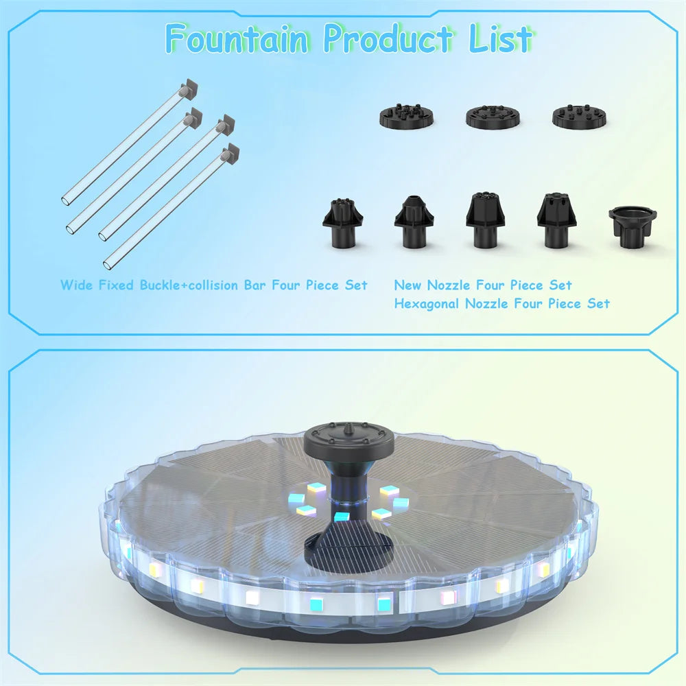 Solar Fountain with LED Lights&1800mAh Battery, 3.5W Solar Water Fountain Pump with 8 Nozzles&Crash Bars for Outdoor Decoration
