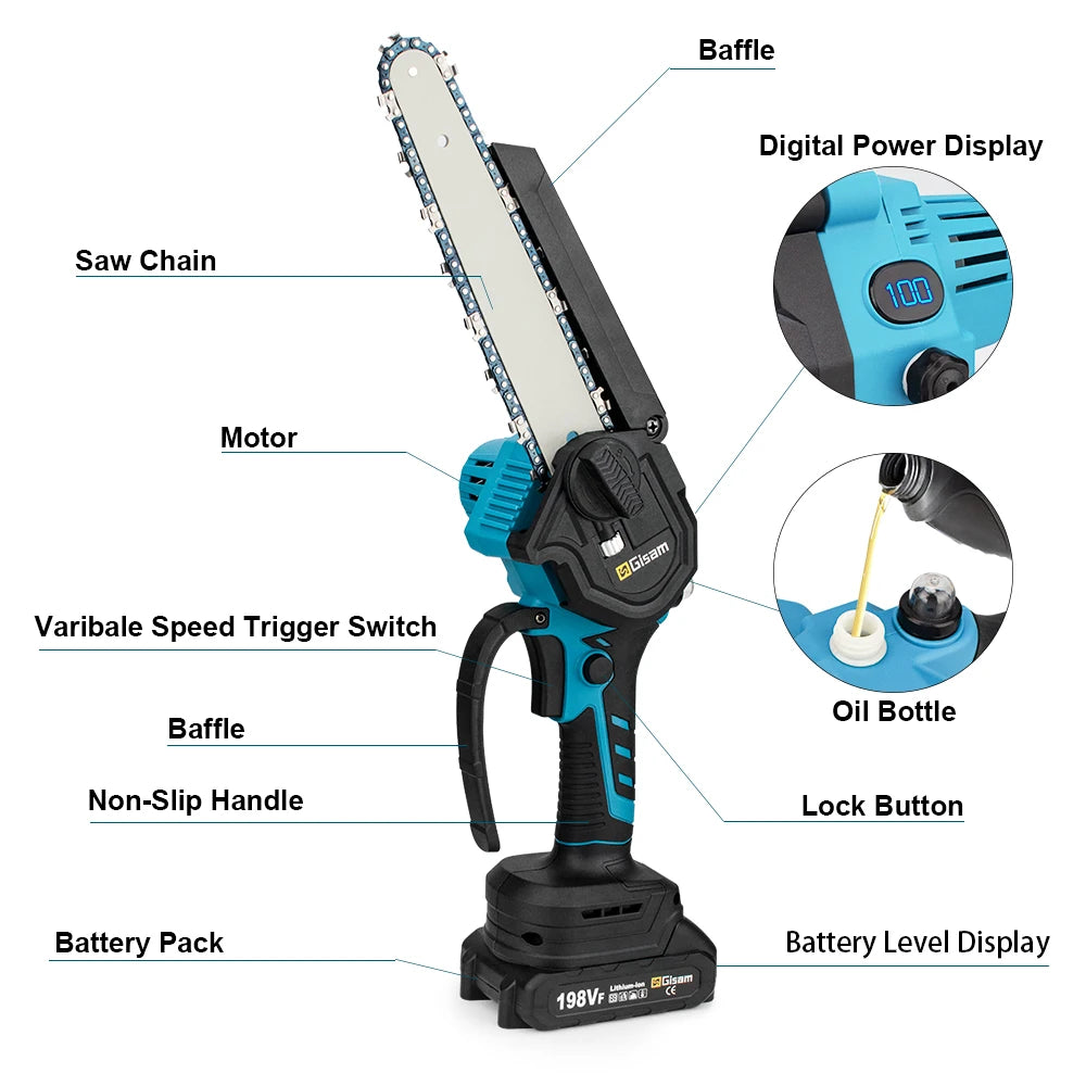 Gisam 8 Inch Brushless Chain Saw Cordless Electric Saw Woodworking Garden Pruning Chainsaw Power Tool For Makita 18V Battery Pin