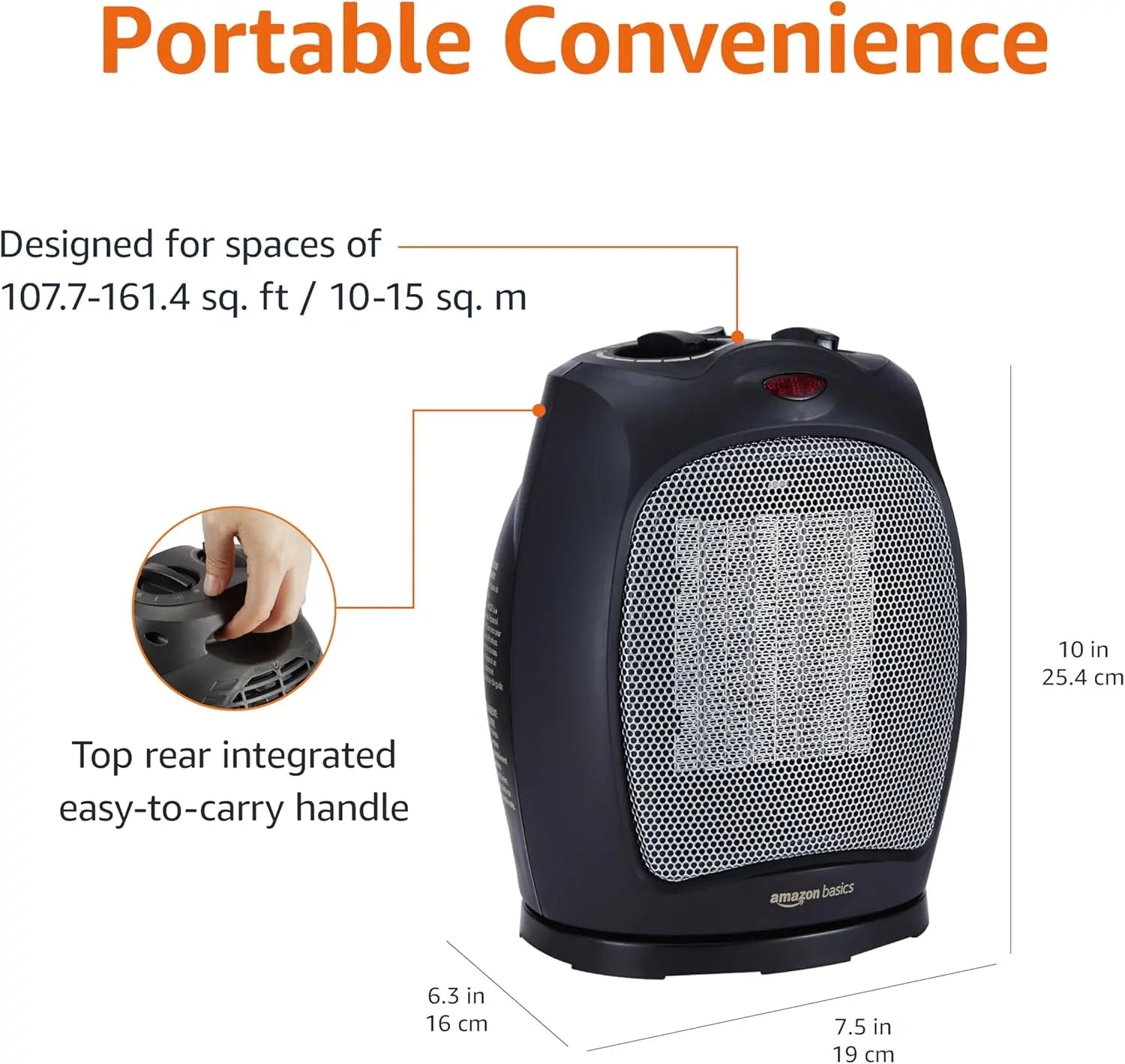 Portable Ceramic Space Heater with Overheat & Tip-Over Protection, Thermostat, 1500W, Compact Black Design for Indoor Heating