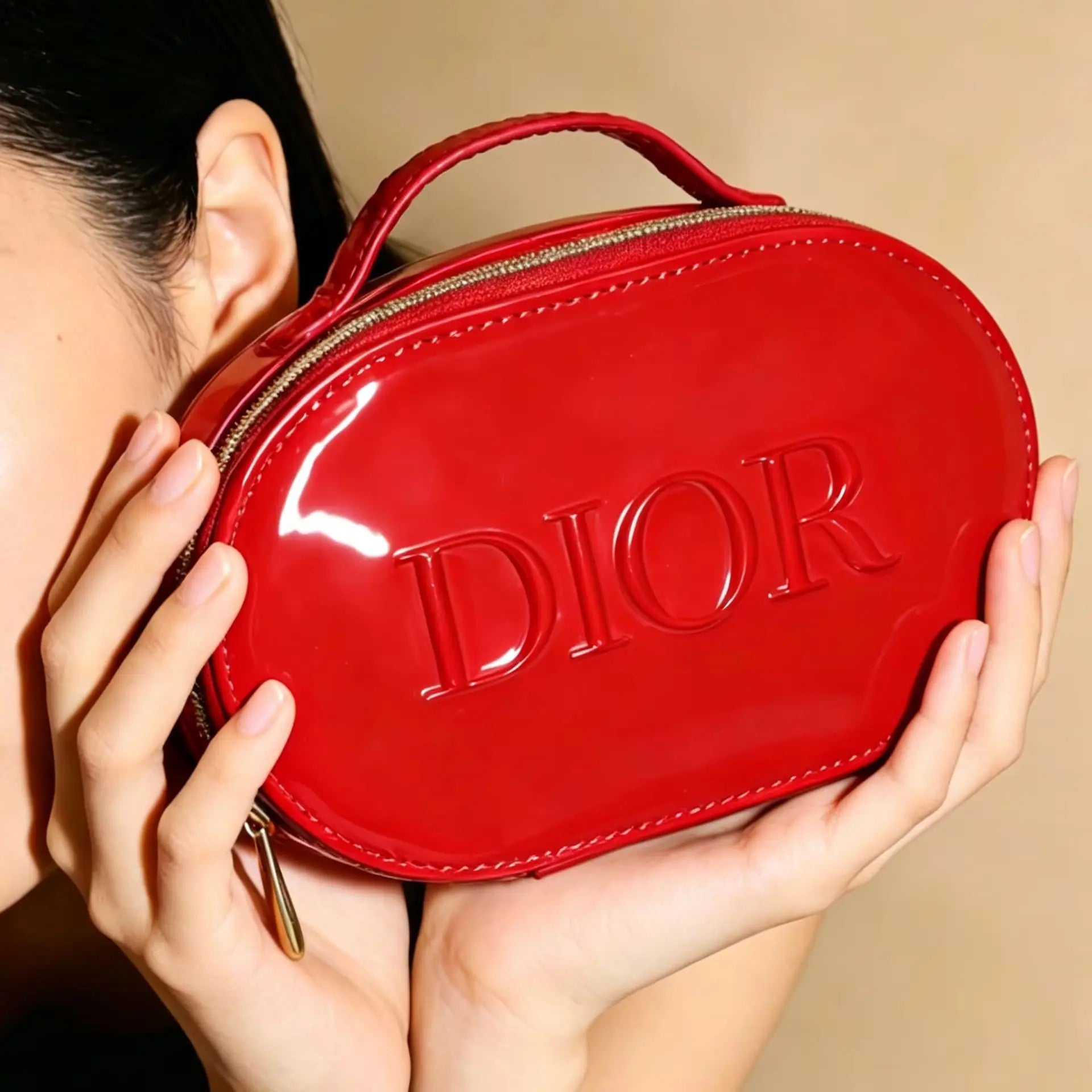 Dior Dior’s Bag Luxury Glossy Bright Red Oval Handheld Makeup Organizer Pouch Patent Leather Embossed Logo Waterproof Travel Cos