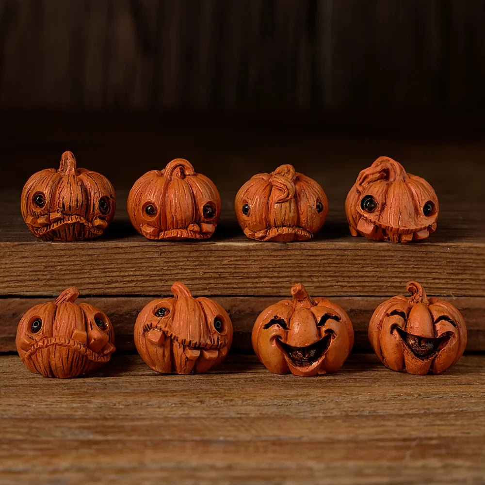 16pcs Halloween Mini Pumpkin Resin Figurines Vintage Spooky Decor Red Eyes Jack O Lantern Faces Battery Free Table Display