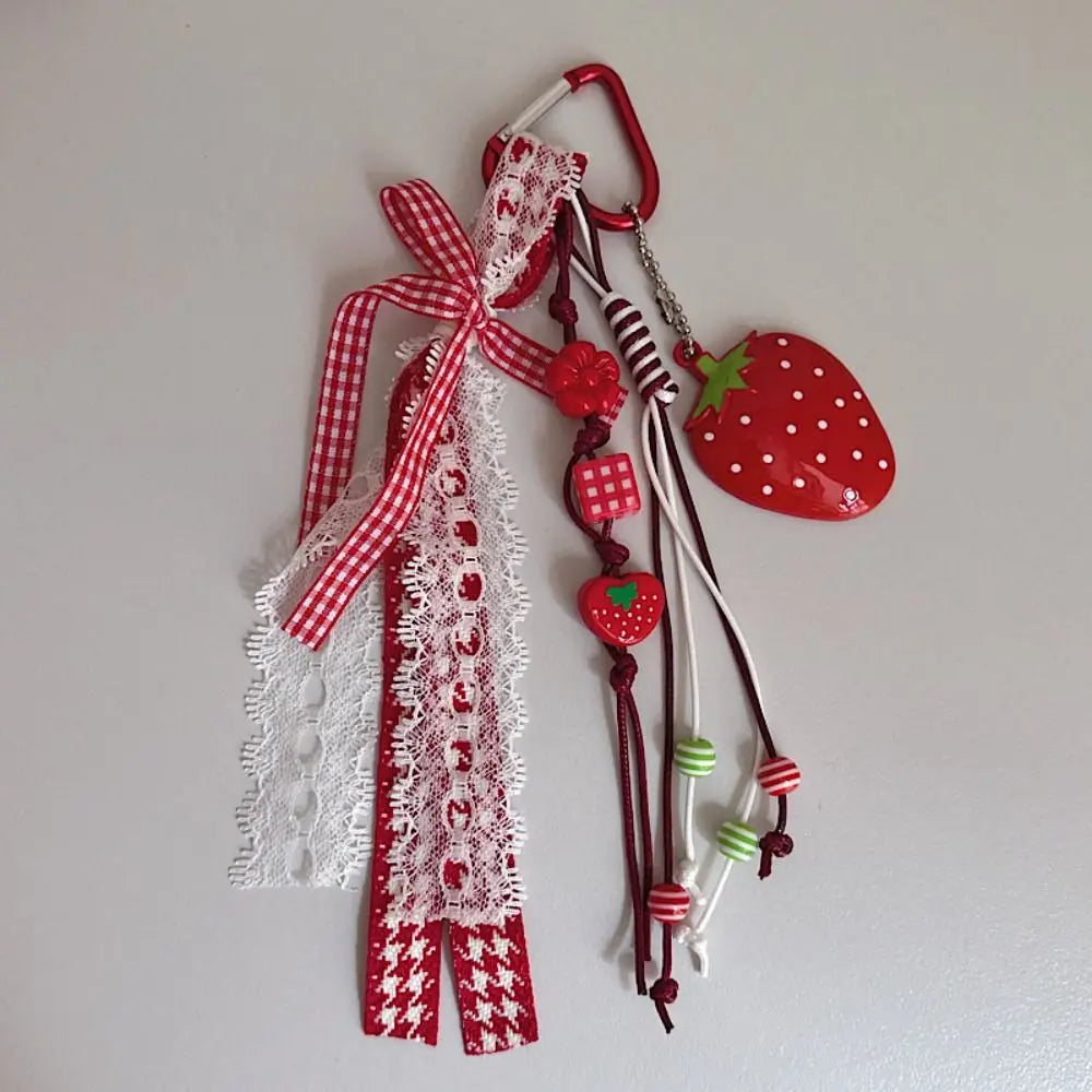 Bag Decoration Strawberry Bag Charms Girl Heart Trinket Riband Strawberry Keychain Anti-Lost Jewelry Girl Sweet Key Chain