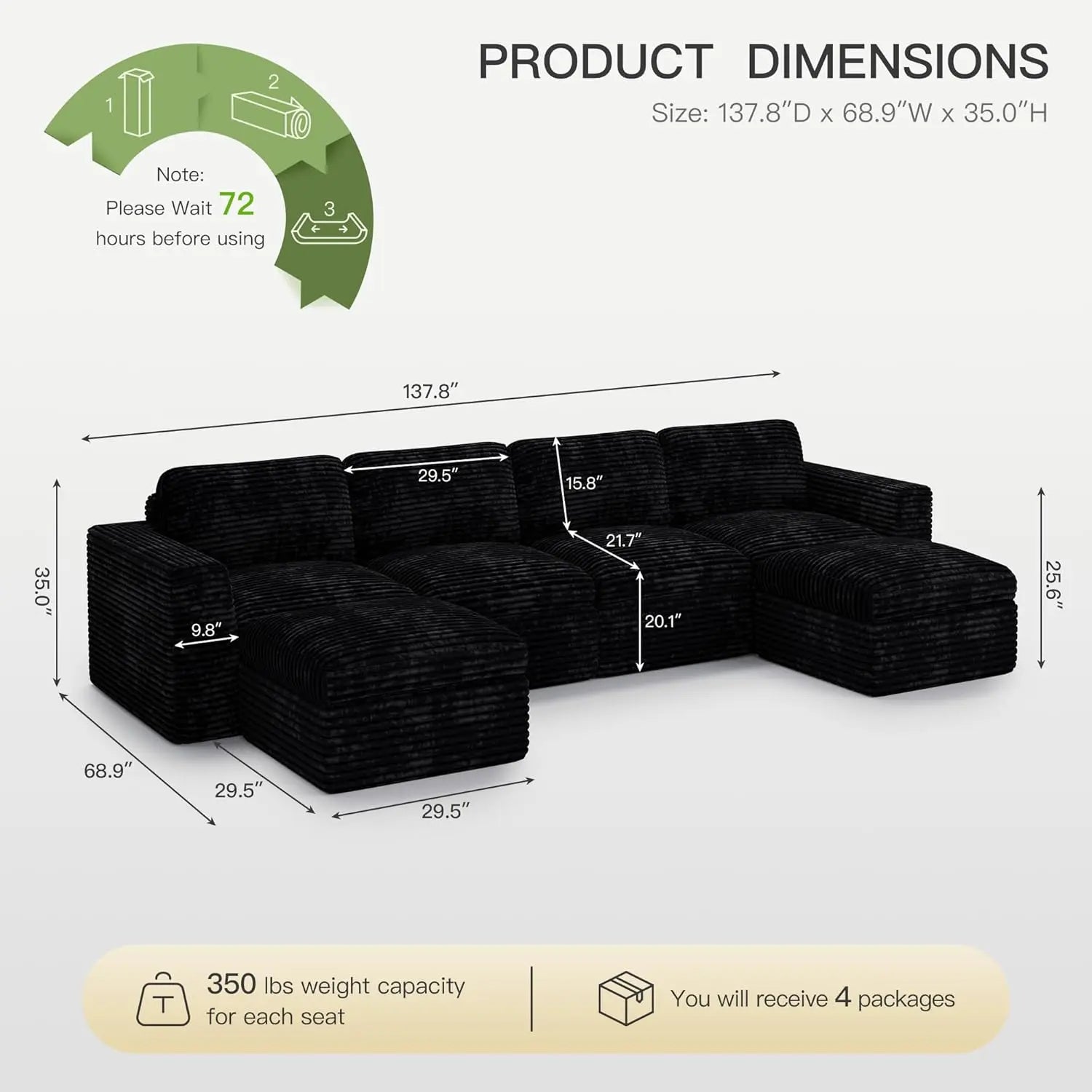 Plush Corduroy U Shaped Modular Sectional Sofa Deep Seat Living Room Black Customized