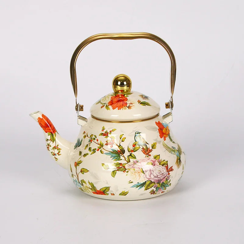 1.5L Vintage Enamelware Kettle Classic Enamel Teapot with Golden Handle for Stovetop Use Kitchen Decor Gift for Tea Lovers