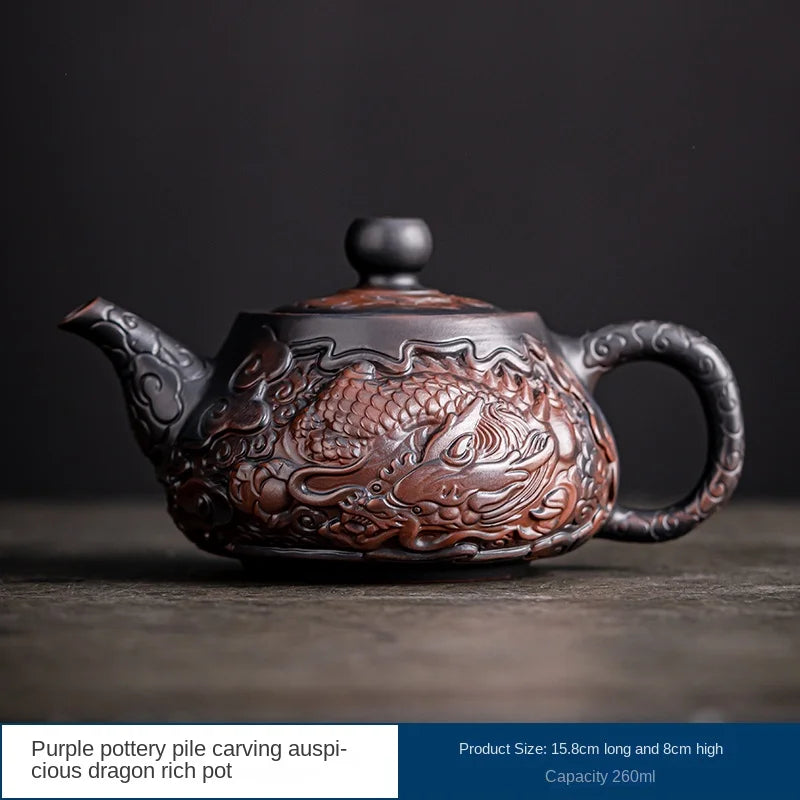 Suitable for collectionPurple Pottery Teapot Handmade Pile Carving Xianglong Pot Kung Fu Tea Set Purple Clay Pot Handmade