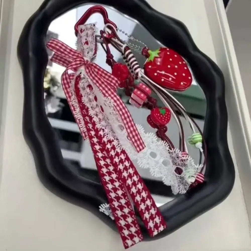 Bag Decoration Strawberry Bag Charms Girl Heart Trinket Riband Strawberry Keychain Anti-Lost Jewelry Girl Sweet Key Chain