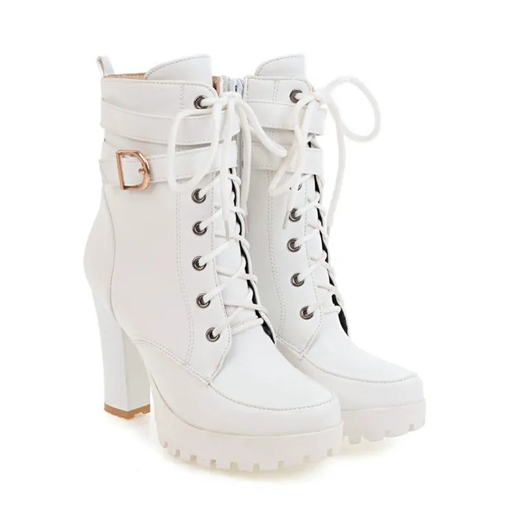 High Heels Women Ankle Boots Lace Up Fall Winter Platform Ladies Boots Large Size Fashion Shoes White Black Brown