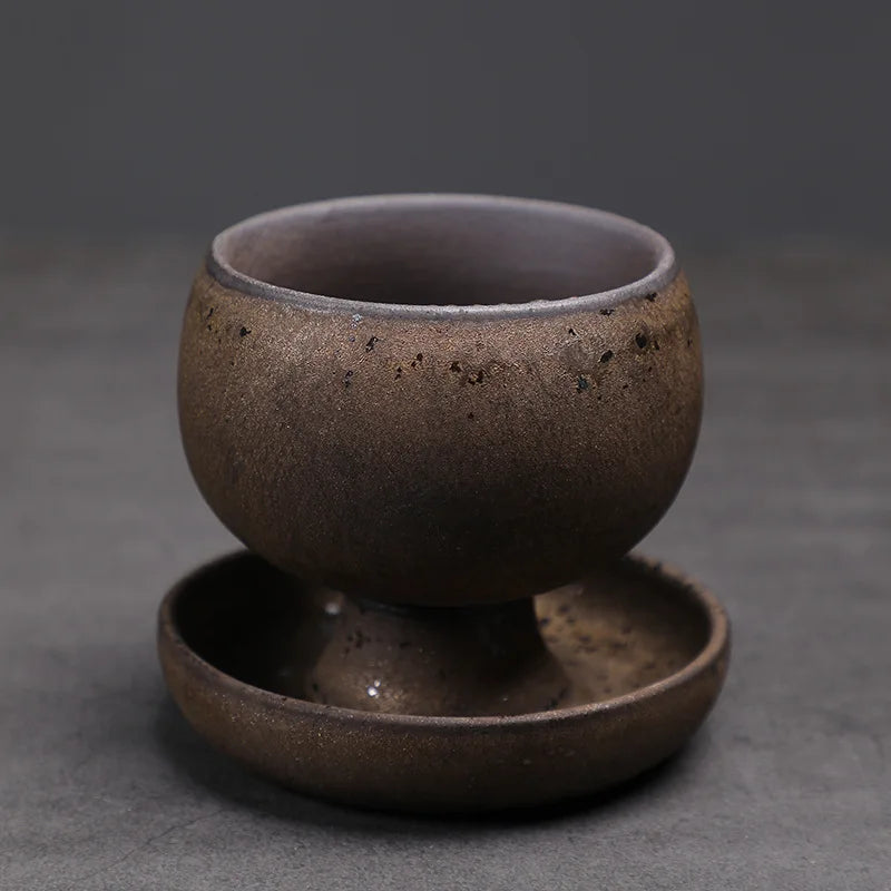Vintage Stoneware Coffee Mug with Saucer Retro Ceramic Latte Art Cup Handmade Rustic Tea Cup for Home Cafe Boho Tableware