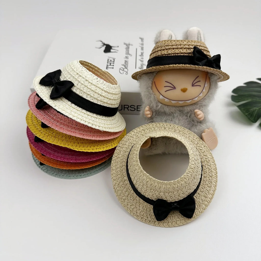 Clothes For Labubu Open-Top Straw Hat Labubu Hat with Bow 1st 2nd 3rd Gen 17cm Labubu Sitting Party Outfit Accessories