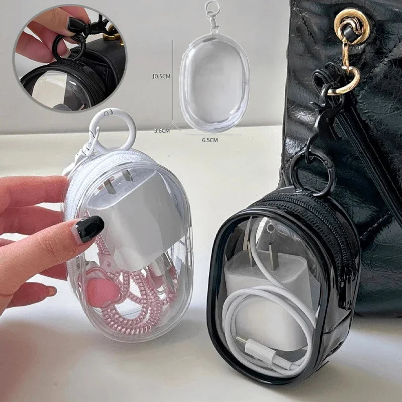 New Round Black PVC Transparent Storage Bag Jewelry Organizer Portable Keychain Data Cable Earphone Coin Charger Storage Pouches