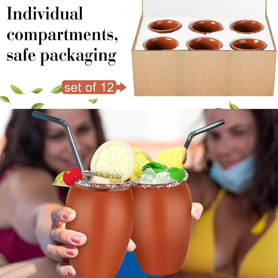 12 Set 20 oz Mexican Clay Cantaritos for Taco Tuesday Fiesta Drinkware: Authentic Handmade Pottery Shooters Cups Ideal for Tequ