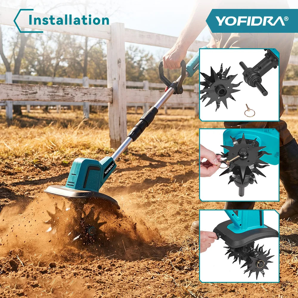 YOFIDRA Brushless Electric Garden Tiller Lawn Mower Rototiller For Soil Cultivation Garden Power Tool For Makita 21V Battery Pin