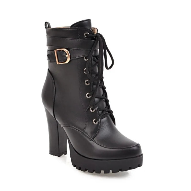 High Heels Women Ankle Boots Lace Up Fall Winter Platform Ladies Boots Large Size Fashion Shoes White Black Brown